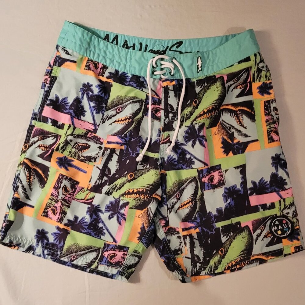 Maui and Sons Swim Trunks Used Shark Print Men's 32" Waist (M0108)